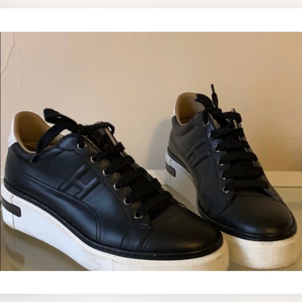 ISO Hermes Black Leather Platform Sneakers with White Soles